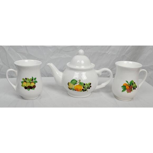 China Teapot with Two Mugs Fruit and Leaf Designs Vintage China - Picture 1 of 4